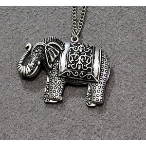 Women's Long Silver Engraved Elephant Pendant Necklace 32"